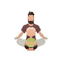 Papa und wenig Sohn sind Sitzung tun Meditation. isoliert. Karikatur Stil. vektor