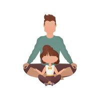 Papa mit ein wenig Tochter sind Sitzung tun Yoga im das Lotus Position. isoliert. Karikatur Stil. vektor