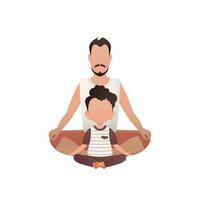 ein Mann mit ein süß Baby ist Sitzung tun Yoga im das Lotus Position. isoliert. Karikatur Stil. vektor