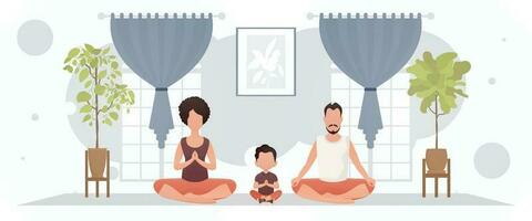 en man och en kvinna med en liten pojke är håller på med yoga i de lotus placera i de rum. yoga. tecknad serie stil. vektor