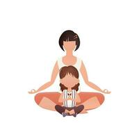 Mama und Tochter meditieren im das Lotus Position. Karikatur Stil. isoliert auf Weiß Hintergrund. Bisherige Illustration. vektor