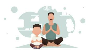 ein Mann mit ein wenig Junge sitzen im das Lotus Position. Meditation. Karikatur Stil. vektor