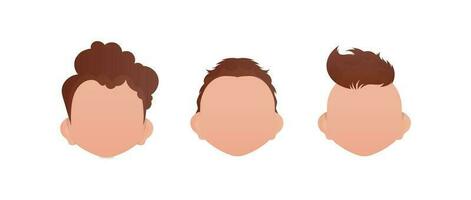 uppsättning av ansikten av liten Pojkar med annorlunda stilar av frisyr. isolerat på vit bakgrund. vektor