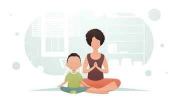 mamma och son är Sammanträde mediterar. meditation. tecknad serie stil. vektor