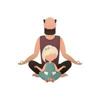 Papa und wenig Tochter sind Sitzung meditieren im das Lotus Position. isoliert. Karikatur Stil. vektor