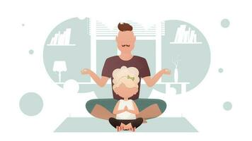 Papa und wenig Tochter sind Sitzung meditieren im das Lotus Position. Yoga. Karikatur Stil. vektor