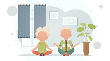 ein wenig Junge und ein süß Mädchen sind Sitzung im das Lotus Position im das Zimmer. Meditation. Karikatur Stil. vektor