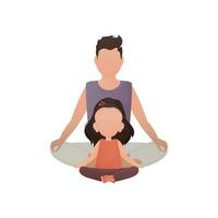 en stark man och en söt liten flicka är Sammanträde håller på med meditation. isolerat. tecknad serie stil. vektor