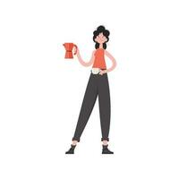 ein Frau steht im voll Wachstum im ihr Hände ein Tasse und ein Kaffee Topf. isoliert. Element zum Präsentationen, Websites. vektor