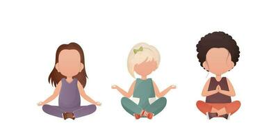 wenig Mädchen sitzt im das Lotus Position. Yoga Kinder. Vektor Illustration. einstellen isoliert auf ein Weiß Hintergrund.