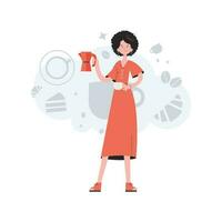 ein Frau steht im voll Wachstum im das Hände von Kaffee. Kaffee Geschäft. Element zum Präsentationen, Websites. vektor