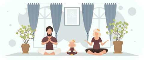 ein Mann mit ein Frau und ein wenig Mädchen sind tun Meditation im das Lotus Position im das Zimmer. Yoga. Karikatur Stil. vektor