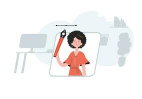 en kvinna står midjedjup och innehar en penna verktyg i henne händer. design. element för presentationer, webbplatser. vektor