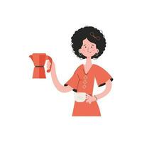 ein Frau steht Hüfthoch im ihr Hände halten Kaffee. isoliert. Element zum Präsentationen, Websites. vektor