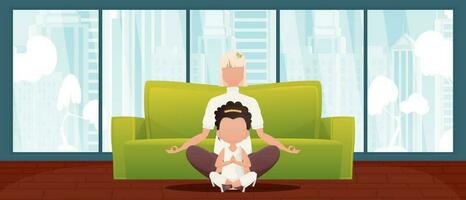 Mama und Tochter tun Yoga zusammen im das Lotus Position. Karikatur Stil. Vektor Illustration.