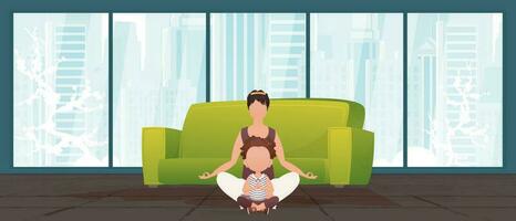 mamma och dotter do yoga tillsammans i de lotus placera. design i tecknad serie stil. vektor illustration.