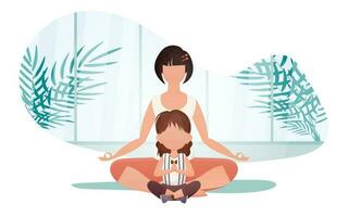 Mama und Tochter tun Yoga im das Lotus Position. Karikatur Stil. Sport Lebensstil. Vektor Illustration.