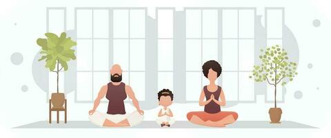 Make med fru och dotter är engagerad i meditation i de rum. meditation. tecknad serie stil. vektor