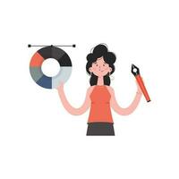 ein Frau steht Hüfthoch mit ein Stift Werkzeug und ein Farbe Palette im ihr Hände. isoliert. Element zum Präsentationen, Websites. vektor