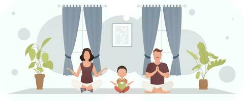 Mann und Ehefrau mit ein bezaubernd Baby tun Yoga im das Lotus Position im das Zimmer. Yoga. Karikatur Stil. vektor