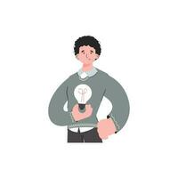 en man står midjedjup med en ljus Glödlampa. isolerat. element för presentationer, webbplatser. vektor