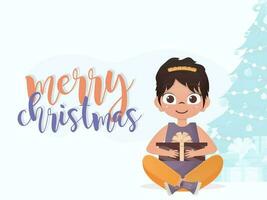 en söt liten flicka är innehav en gåva i henne händer. glad jul baner. tecknad serie stil. vektor