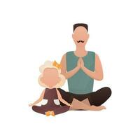 ein Mann mit ein bezaubernd Baby sitzen meditieren. isoliert. Karikatur Stil. vektor
