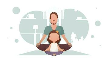 pappa och liten dotter är Sammanträde och håller på med yoga. meditation. tecknad serie stil. vektor