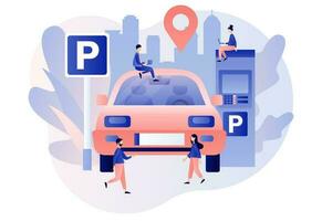 Auto im Parkplatz Bereich. winzig Menschen Park Auto im Parkplatz viel. Öffentlichkeit Parkplatz. städtisch Transport. Straße unterzeichnen. modern eben Karikatur Stil. Vektor Illustration auf Weiß Hintergrund