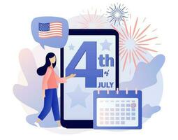 Lycklig 4:e av juli - text på smartphone skärm. fjärde av juli. mycket liten kvinna fira förenad stater av Amerika oberoende dag. modern platt tecknad serie stil. vektor illustration på vit bakgrund