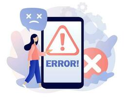 Error Botschaft Zeichen auf Smartphone Bildschirm. winzig Frau Prüfung Betriebs System Error Warnung Fenster auf Telefon. modern eben Karikatur Stil. Vektor Illustration auf Weiß Hintergrund