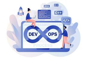 Devops Prozess auf Laptop. winzig Programmierer trainieren von Entwicklung und Software Operationen. Software Ingenieurwesen Kultur. modern eben Karikatur Stil. Vektor Illustration auf Weiß Hintergrund