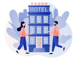 bokning hotell. mycket liten människor Sök och välja hotell eller lägenhet uppkopplad. bokning Ansökan gränssnitt. turist och företag resa. modern platt tecknad serie stil. vektor illustration på vit bakgrund