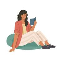 kvinna läsning en bok medan Sammanträde på bönpåse vektor