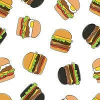 Hand gezeichnet schnell Essen nahtlos Muster. Zeichnung von verschiedene Burger, Hamburger. schnell Essen Vektor Hand gezeichnet Satz.