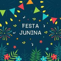 festival festa junina. folklore festival. blå bakgrund med flaggor, fyrverkeri, lyktor och blommor. design av de festival i Brasilien i juni för en hälsning kort, baner, inbjudan, affisch. vektor