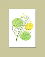 minimalistisch Poster mit ein tropisch Blatt auf ein Weiß Hintergrund mit Aquarell Flecken. künstlerisch Zeichnung mit ein Linie. abstrakt botanisch Design zum gerahmt Drucke, Zuhause Dekor, Startseite Kunst, Hintergrund. vektor