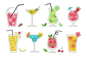 einstellen von Hand gezeichnet bunt Cocktails. Sommer- Urlaub und Strand Party Konzept. Beliebt Getränke im anders Typen von Brille. Vektor Illustration von Sommer- Cocktails.