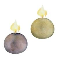 Hand gezeichnet Aquarell sortiert Kerzen zündete mit Flammen. Votive, Bälle, Tee Beleuchtung, Säulen. isoliert Objekt auf Weiß Hintergrund. Design zum Wellness Erholungsort, drucken, Stoff, Abdeckung, Karte, Broschüre. vektor