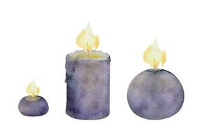 Hand gezeichnet Aquarell sortiert Kerzen zündete mit Flammen. Votive, Bälle, Tee Beleuchtung, Säulen. isoliert Objekt auf Weiß Hintergrund. Design zum Wellness Erholungsort, drucken, Stoff, Abdeckung, Karte, Broschüre. vektor