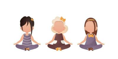 wenig Mädchen sitzt im das Lotus Position. süß Yoga, Achtsamkeit und Entspannung. Vektor Illustration. einstellen isoliert auf ein Weiß Hintergrund.