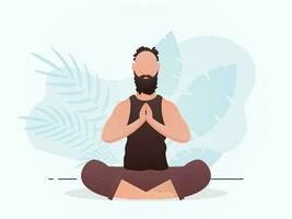 das Kerl von ein stark Körperbau sitzt ist beschäftigt, verlobt im Meditation. Yoga. Karikatur Stil. vektor