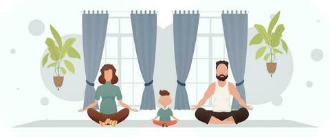 Make och fru med förtjusande bebis håller på med yoga i de rum. yoga. tecknad serie stil. vektor