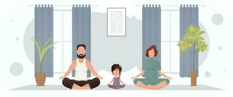 Mann mit Ehefrau und Tochter tun Yoga im das Zimmer. Yoga. Karikatur Stil. vektor