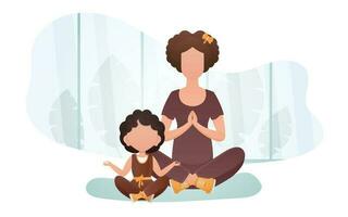 Mama und Tochter tun Yoga. Karikatur Stil. Meditation und Konzentration Konzept. Vektor Illustration.