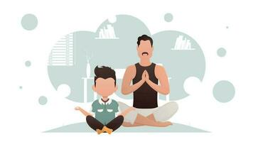 Vater und Sohn sitzen im das Lotus Position. Yoga. Karikatur Stil. vektor