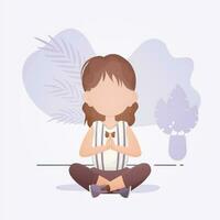 liten flicka sitter i de lotus placera. söt yoga, mindfulness och avslappning. tecknad serie stil. vektor