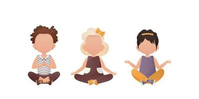 liten flickor är mediterar. barns meditation. vektor illustration. uppsättning isolerat på en vit bakgrund.