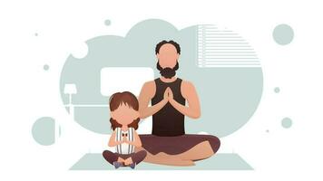 pappa och liten dotter är Sammanträde mediterar. meditation. tecknad serie stil. vektor