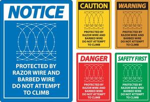Achtung geschützt durch Rasierer Draht und mit Widerhaken Kabel, tun nicht steigen Zeichen vektor